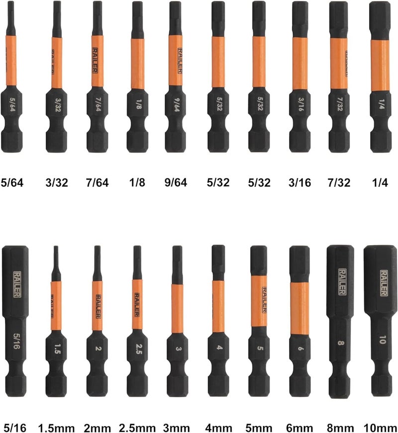 Railer Allen Wrench Hex Bit Set - 2 Inch Impact Driver 20pc Hex Bit Set With A Bit Holder & Carabiner. Premium S2 Steel, Ideal For Furniture Screws - Image 2